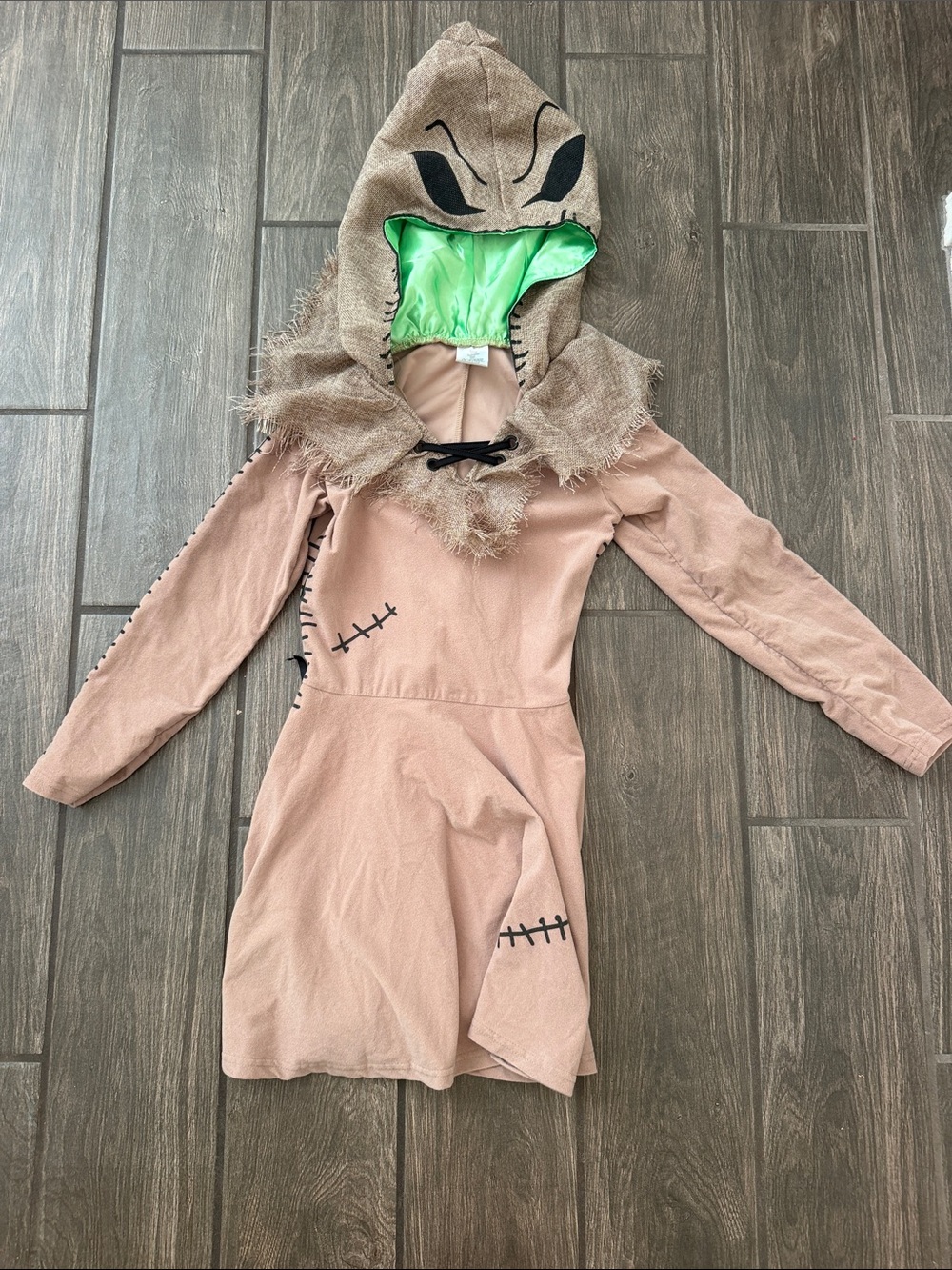 Disney Oogie Boogie Dress Costume in Tan with Green Hood Lining